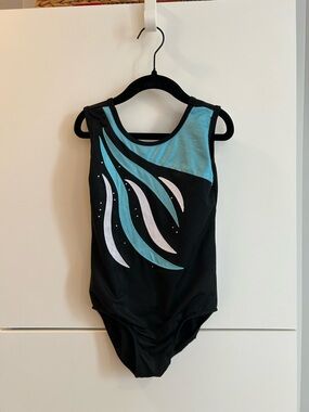 Black Gymnastics Leotard with Aqua and White Waves and rhinestones - 8A